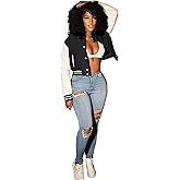 Cqinnifu Women's Cropped Varsity Jacket Long Sleeve Casual Baseball Jacket Color Block Vintage Button Down Bomber Jackets