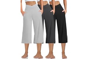 Kivdol 3 Pack Womens Wide Leg Yoga Capris Crossover High Waist Casual Capri Pants Loose Soft Pajama Pockets Sweatpants