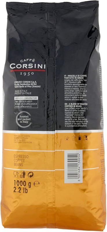 Cafè Corsini Espresso en grano, 1kg. Selección de granos de café para una mezcla de sabor intenso y cremoso