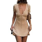 LOFAAC Women Sexy V Neck Button Down Knitted Short Dress Slim Fit Cap Sleeve Flowy Swing Going Out Mini Dress Summer