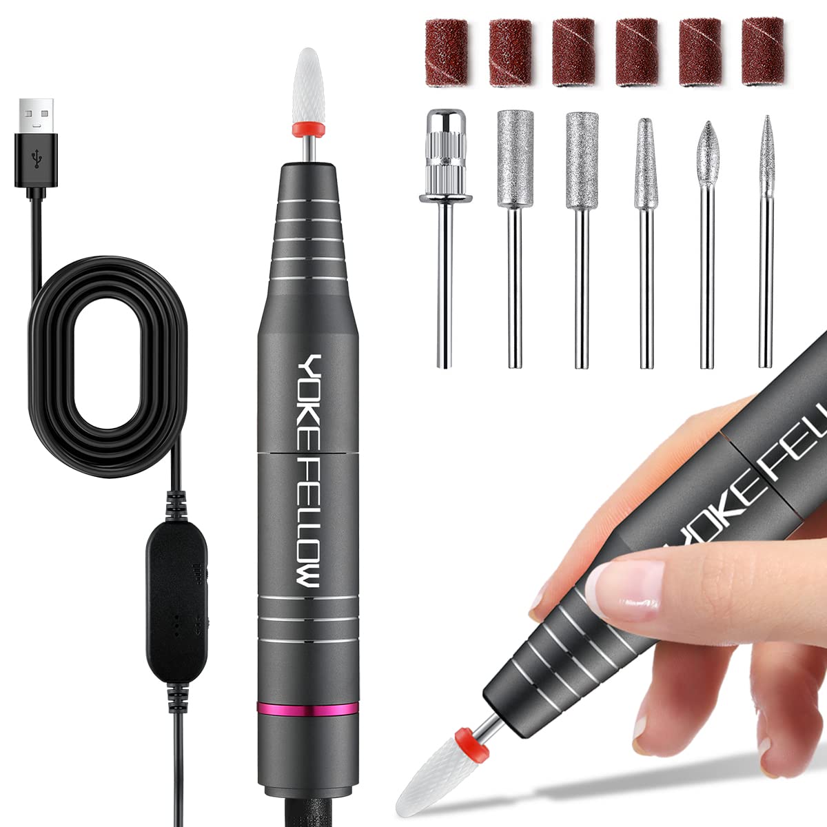 YOKEFELLOW Protable Electric Nail Drill,USB Efile Professional 30000RPM Manicure Electrical Nail File Polishing Tools Drill Bits Cuticles Acrylic,Gel Nails Pedicure Machine Kit Gray,YK101P-Gray-UK
