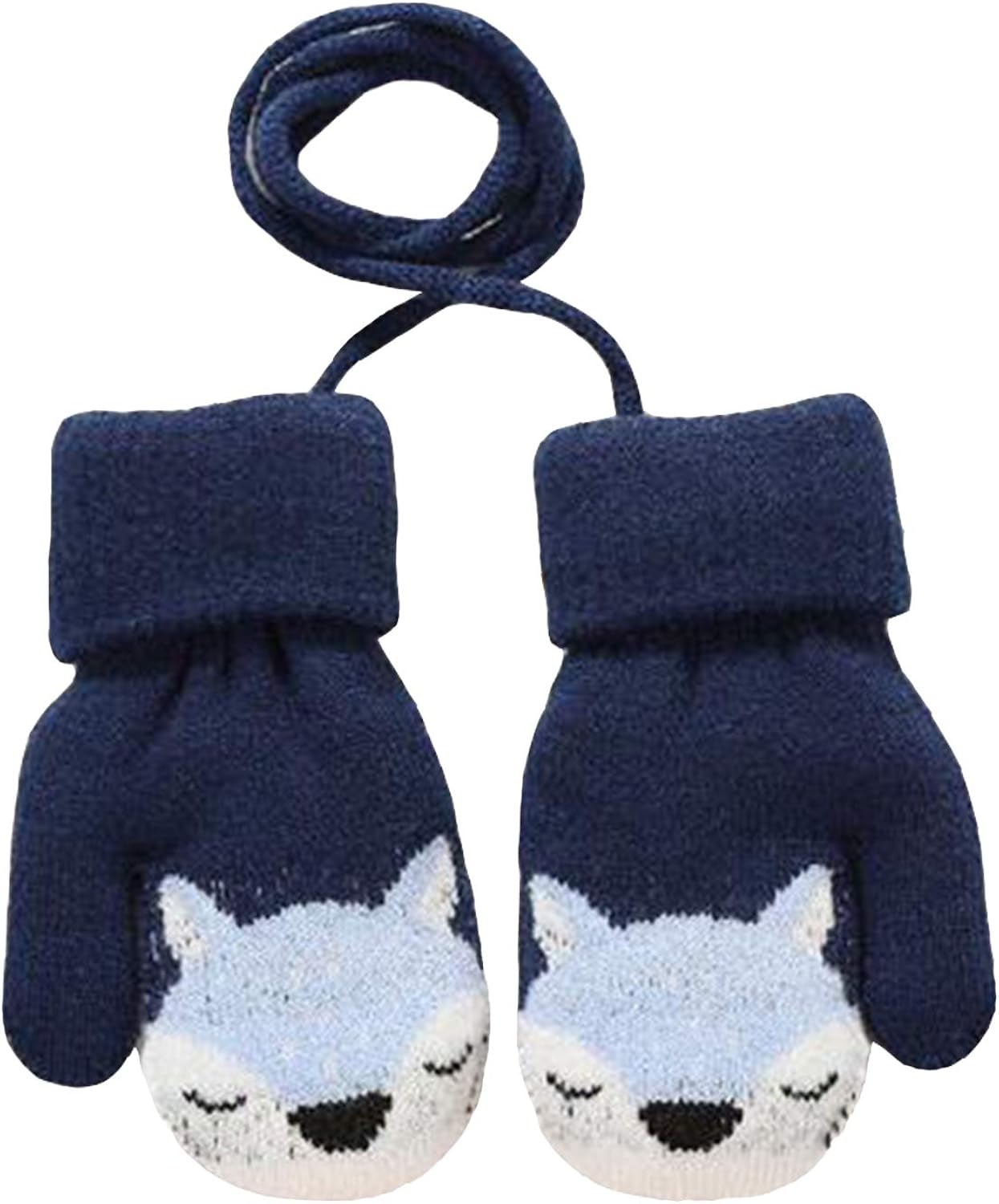 Toddler Kids Warm Knitted Mittens Cute Cartoon Gloves Winter Full Fnger Mittens with String Hang Neck for 1-4 Years Kids