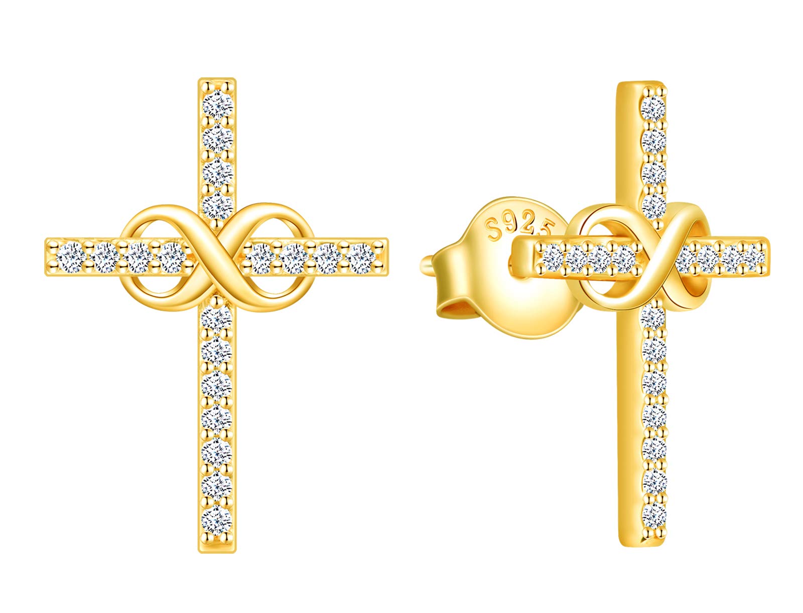 MicLee Woman's girl's Earrings Studs, 925 Sterling silver Cross earrings, cross infinity symbol earrings studs, Inlaid zircon, gold