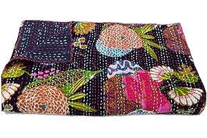 Rajasthaniartdecor Indian Reversible Kantha Quilt for Living Dorm Room Bed Cover Handmade Stitched Pure Cotton Fruit Print Bedspread (Queen 90'' x 108'' Inche, Black) (RAD00V-8)