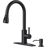 FORIOUS Black Kitchen Faucet with Soap Dispenser, Single Handle Stainless Steel Transitional Sink Faucet with Pull Down Sprayer 1 or 3 Hole, Suitable for Farmhouse Laundry Camper RV Bar