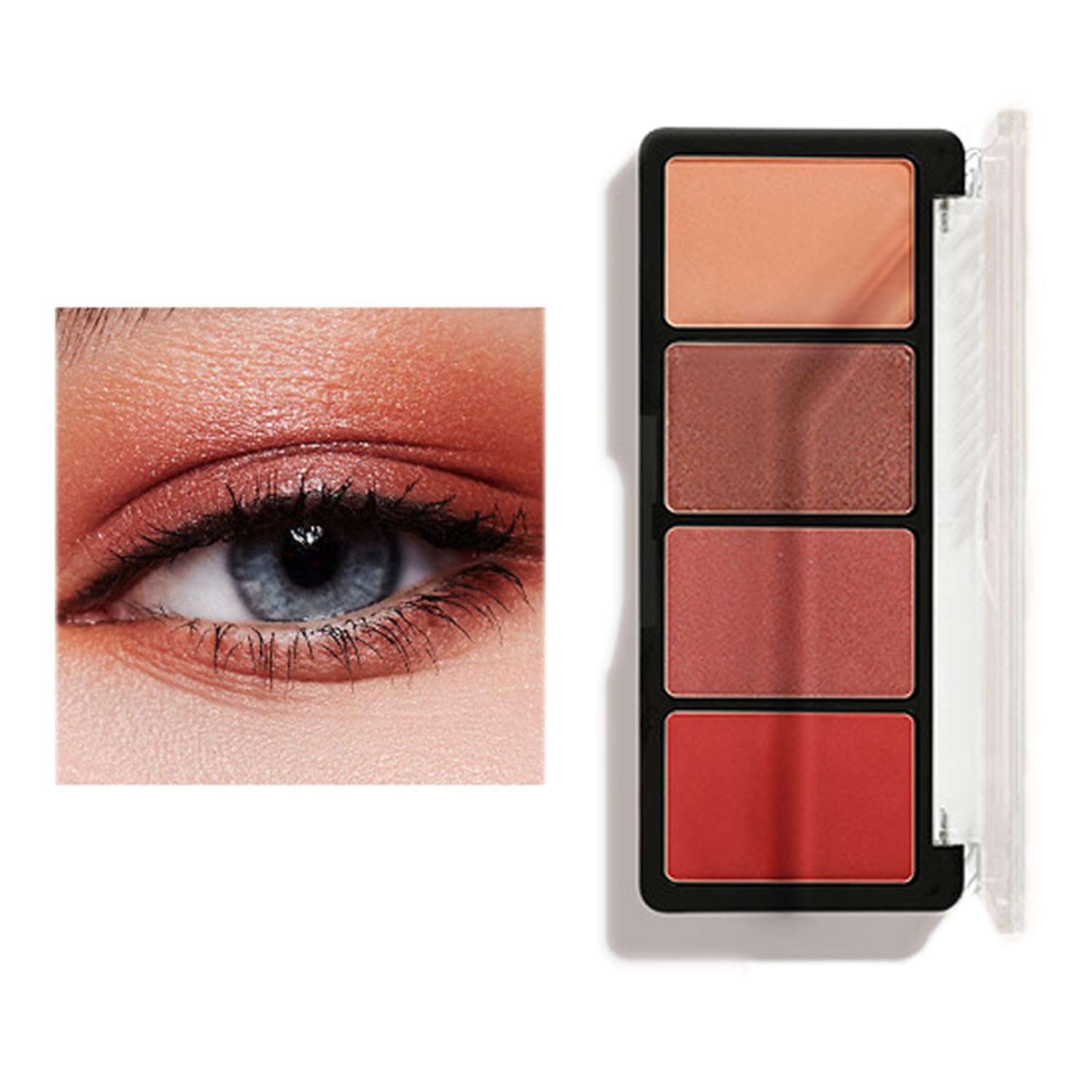 Matte Glitter Eyeshadow Palette In Black Case With Transparent Cover, Four Shades From Light Orange To True Red With Shimmer Finish - Compact Travel-Friendly Design For Mature Women And Brown