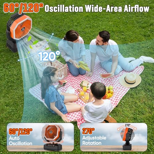 Camping Fan with LED Light, 20000mAh Rechargeable Automatic Vibration Fans for Outdoor Camping Tent with Remote, 4 Speed USB Desk Fan for Fishing, Picnic