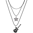 Caiyao Star Pendant Vintage Necklace Punk Star Choker Rock Roll Guitar Layered Necklace for Women Men Eboy Egirl Bar Party Jewelry Accessories
