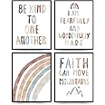 PLKMN Boho Inspirational Wall Art,Be Kind to One Another,Faith Can Move Mountains,Boho Rainbow Wall Poster for Nursery Baby Kids Bedroom Decor,10x8 Inch Set of 4 Unframed