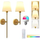 GULULUT Battery Operated Wall Sconces Set of 2, Rechargeable Wall Lights with 5200mAh Bulbs and Remote, 3 CCT and 12 RGB Colo