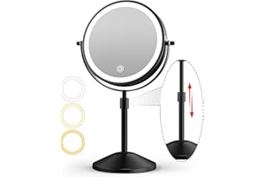 ESWU 7in Lighted Makeup Mirror, 1X/10X Magnifying Double Sided Mirror, 360° Swivel Light up Mirror with 3 Color Lights, Adjustable Brightness & Height Rechargeable LED Vanity Mirror, Black