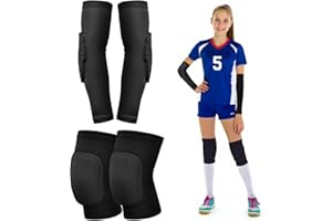 UMACWIN Volleyball Knee Pads and Arm Sleeves with Elbow Pads, Volleyball Essentials Accessories with High Protection Volleyball Elbow Pads Knee Pads for Youth Teen Girls and Boys(Black_M_2 Pairs)