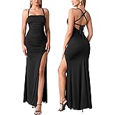 Auraxe Bodycon Ruched Formal Maxi Long Dress Tie Back High Slit Cocktail Prom Wedding Guest Dresses for Women