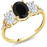 Gem Stone King 10K Yellow Gold Black Onyx White Moissanite and Diamond 3-Stone Engagement Ring | 2.64 Cttw | Oval 8X6MM and 6X4MM | 3 Stone Wedding Anniversary Promise Ring For Women
