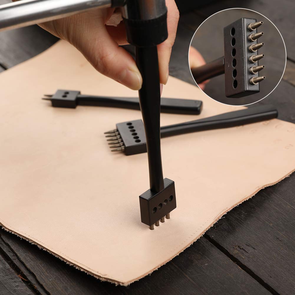 DIUDUS Leather Hole Punch, Prong Punch, Black Hole Punch Tool 5mm, 2/4/6 Lacing Stitching Punch, Round Hole Prong Stitching Chisel Set Leather Working Tools for Leathercraft