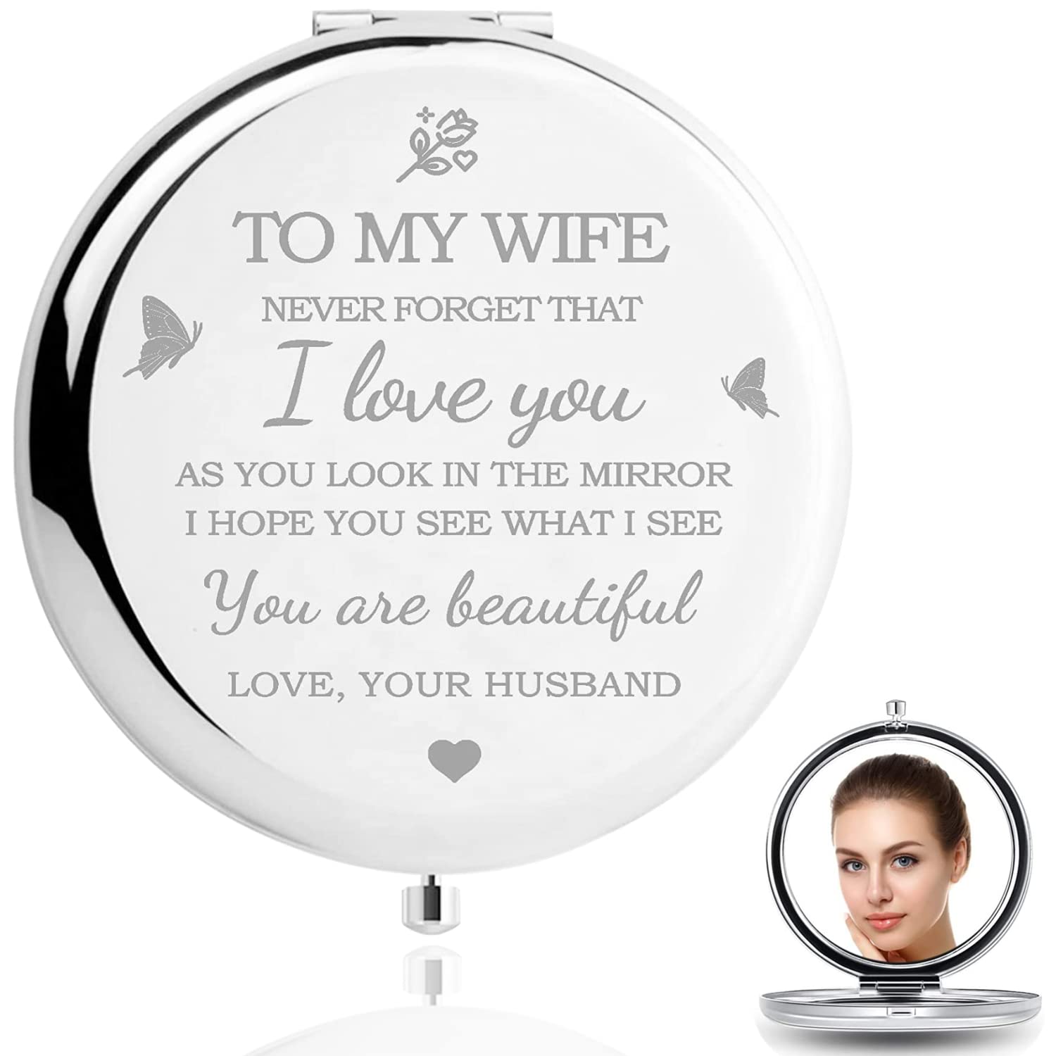 HZJ-AIGO Gifts for Wife-I Love You Wife Gift Compact Mirror-Romantic Gift for Her Birthday,Wedding Anniversary,Valentines Day,Christmas (Silver)