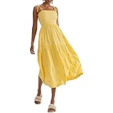 GRMLRPT Women Floral Embroidered Maxi Dress Boho Sleeveless Tie Strap Shoulder Dresses Smocked Summer Sundress with Pockets