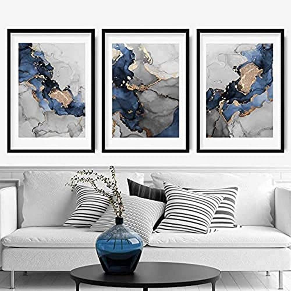 Artze Wall Art Abstract Art Print of Paintings 3-Piece Set, 40 cm Width x 50 cm Height, Navy Blue/Grey/Gold
