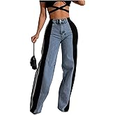 MakeMeChic Women's Striped Denim Pants Color Block High Waist Wide Leg Y2k Jeans