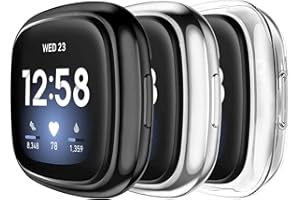 AMZPAS [3 Pack] Compatible with Fitbit Sense/Fitbit Versa 3 Screen Protector Case, Soft TPU Full Around Cover for Fitbit Versa 3 / Sense Smartwatch (black, Silver, clear)