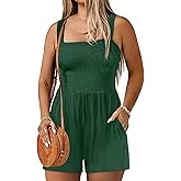 Eytino Plus Size Jumpsuits for Women Loose Summer Smocked Square Neck Sleeveless Short Rompers with Pockets(1X-5X)