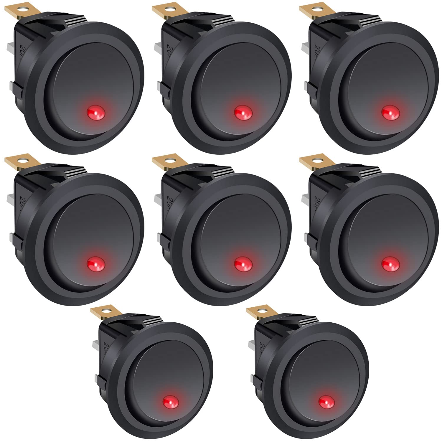 Taiss/8Pcs Rocker Toggle Switch Round 20A 12V DC ON/OFF SPST Control For Car Or Boat,With Red LED Light KCD2-102N-R