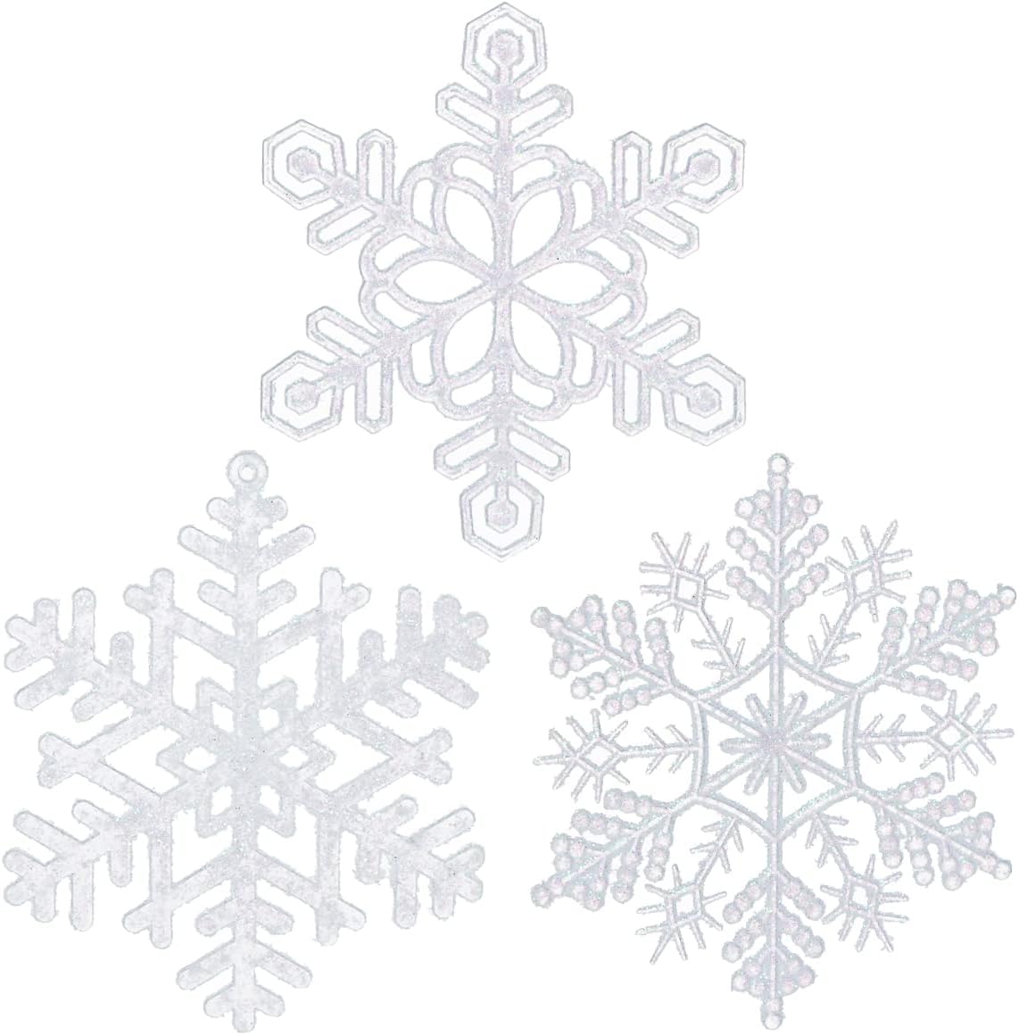 Ornaments - 48pcs 4 Inch Pre-Strung White Snowflake Ornaments for Christmas Tree Decorations, Hanging Plastic Glitter Snowflake Christmas Ornaments Bulk in Iridescent White
