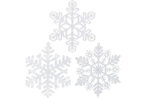 GAUMAANLEI 48pcs 4 Inch Pre-Strung White Snowflake Ornaments for Christmas Tree Decorations, Hanging Plastic Glitter Snowflake Christmas Ornaments Bulk in Iridescent White