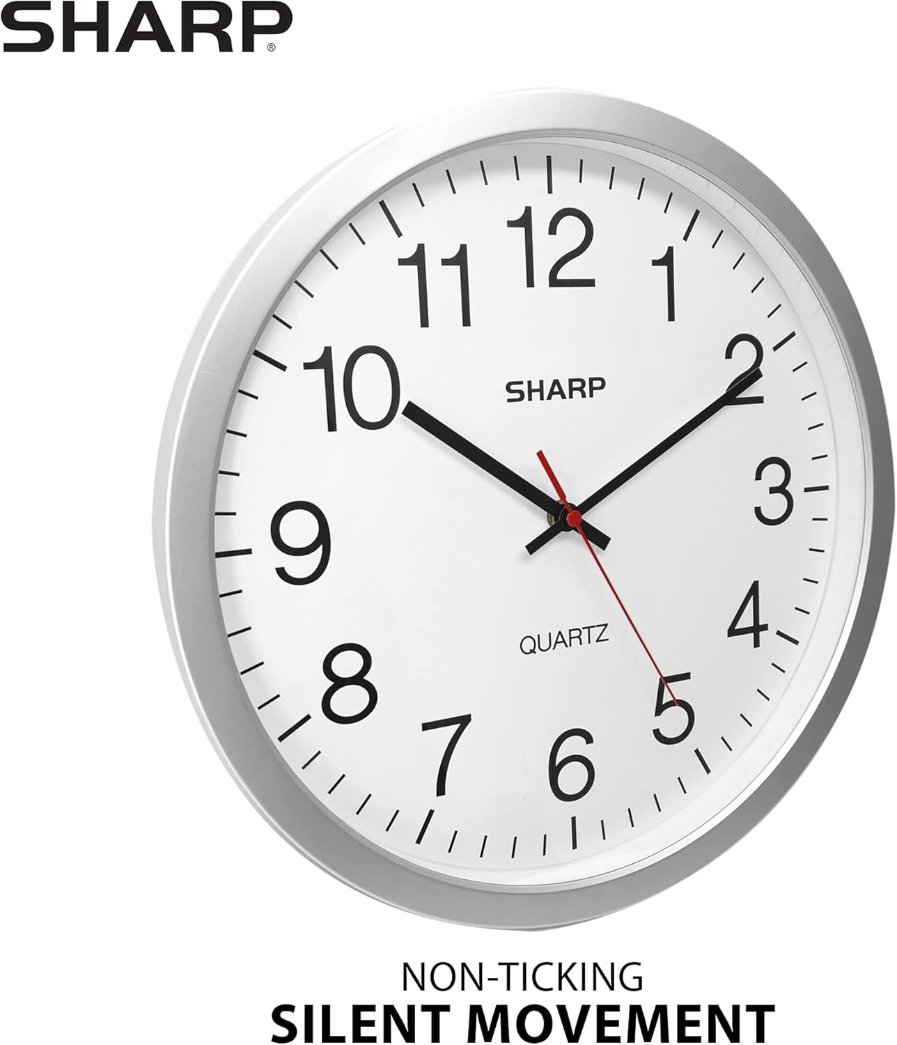 SHARP Wall Clock – Silver, Silent Non Ticking 14 Inch Quality Quartz Battery Operated Round Easy to Read Home/Kitchen/Office/Classroom/School Clocks, Sweep Movement: Kitchen & Dining