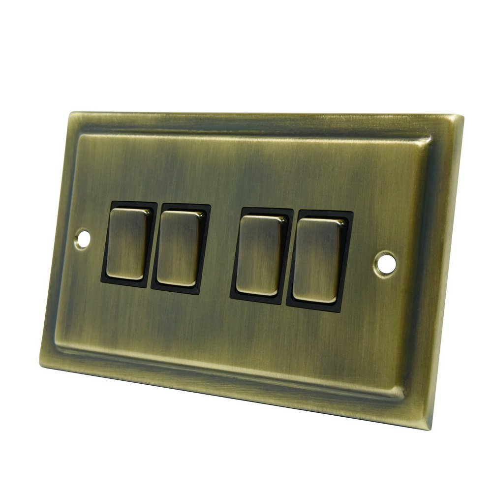 AET VAB4GSWIBB Victorian Antique Brass Switch-10 Amp Quad 4-Gang 2 Way Light Switch, 240 V