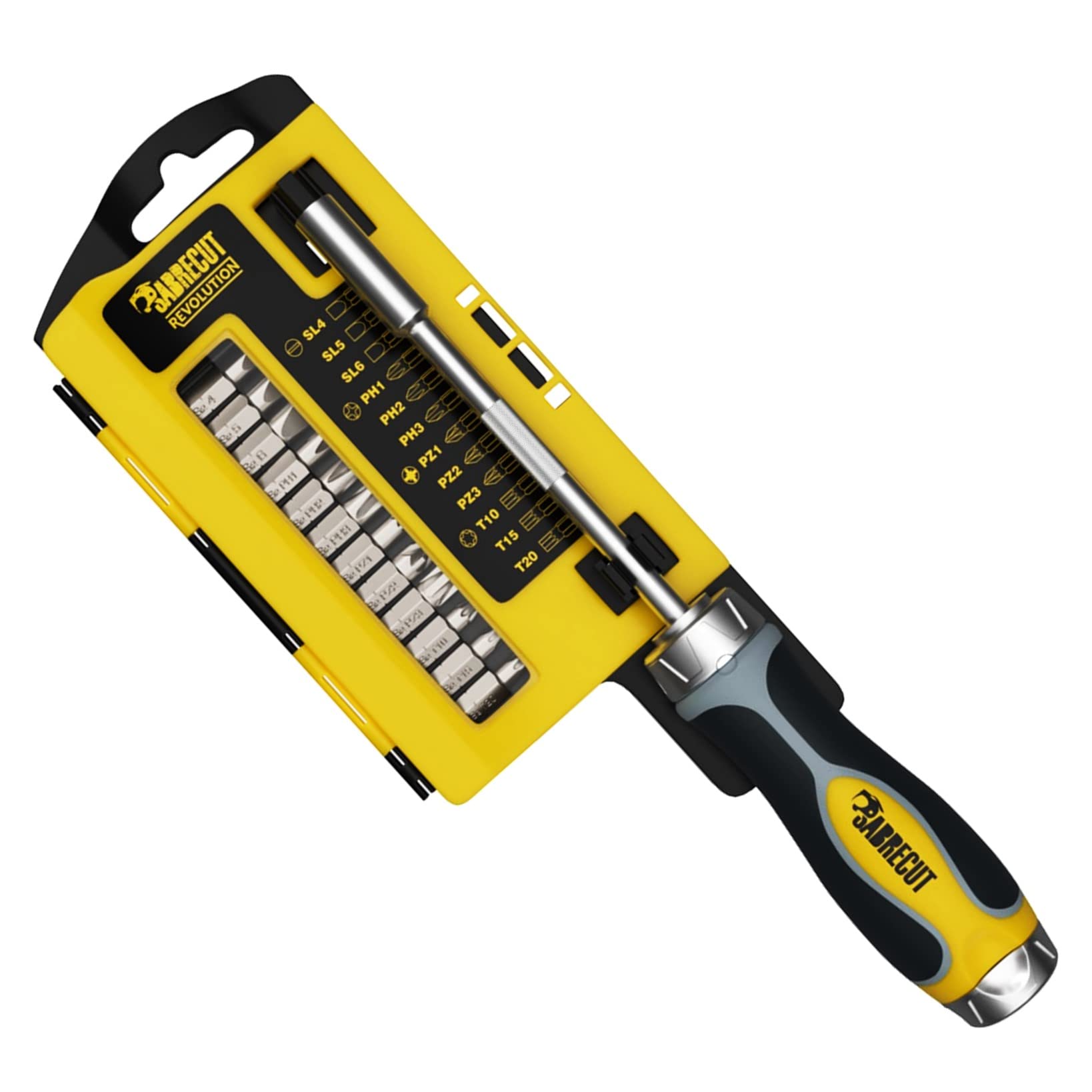 20 Piece SabreCut SCSD001 Ratchet Screwdriver Set with Onboard Storage 126mm Magnetic Bit Extension Bar 18 x 25mm Bits (PZ1 PZ2 PZ3 PH1 PH2 SL4 SL5 SL6 TX10 TX15 TX20 TX25 H4 H5) and Storage Case