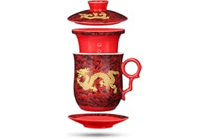 YURROAD Chinese Dragon Pattern Tea-Mug with Strainer Infuser and Lid and Saucer Ceramic Tea Mug Convenient System Chinese Por