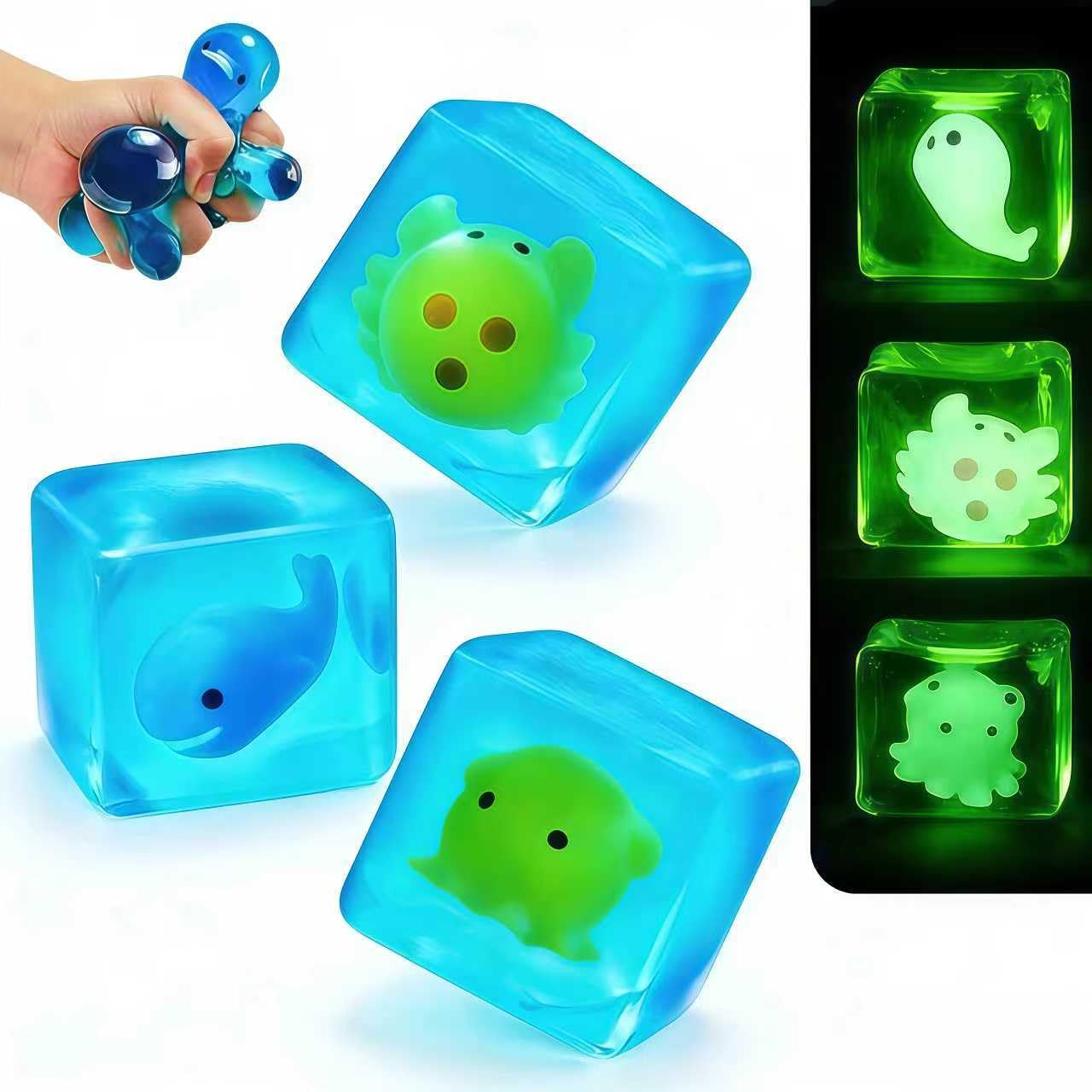 3Pcs Squishy Stress Cube Fidget Toys Adults - Glow in The Dark Sensory Toys for Kids with Autism Stress Balls for Kids Teens Squeeze Toys for Anxiety Easter Basket Stuffers