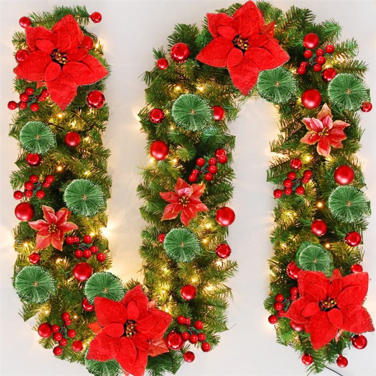 Wreaths, Garlands & Swags - Christmas Garland, 9FT Christmas Garland with Lights Pre-lit Artificial Christmas Decorations Red Flower Warm White LED Battery Operated for Home Stairs Fireplace Porch Door Indoor Outdoor Xmas Decor