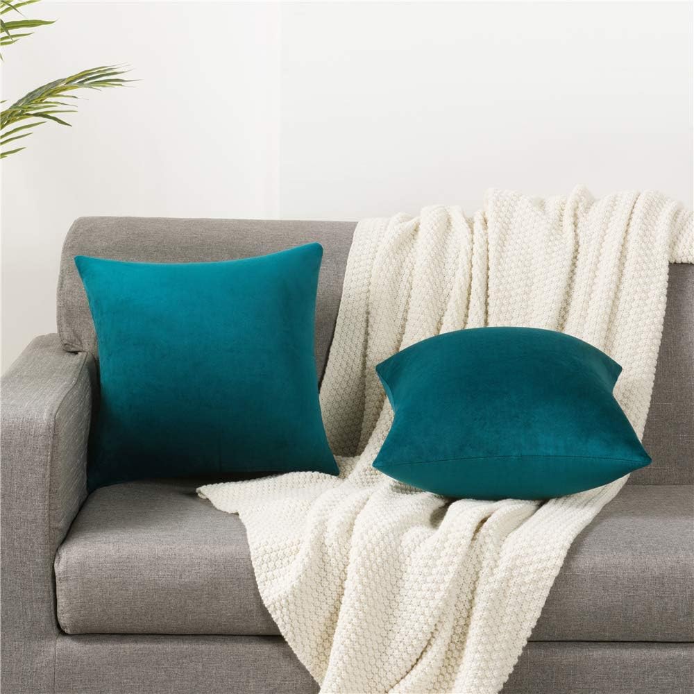 DEZENE Throw Pillow Cases 18x18 Teal: 2 Pack Cozy Soft Velvet Square Decorative Pillow Covers for Farmhouse Home Decor: Home & Kitchen