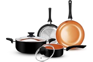 FRUITEAM 6pcs Cookware Set Ceramic Nonstick Soup Pot/Sauce Pan/Frying Pans Set, Copper Aluminum Pan with Lid, Induction Gas Compatible, Black
