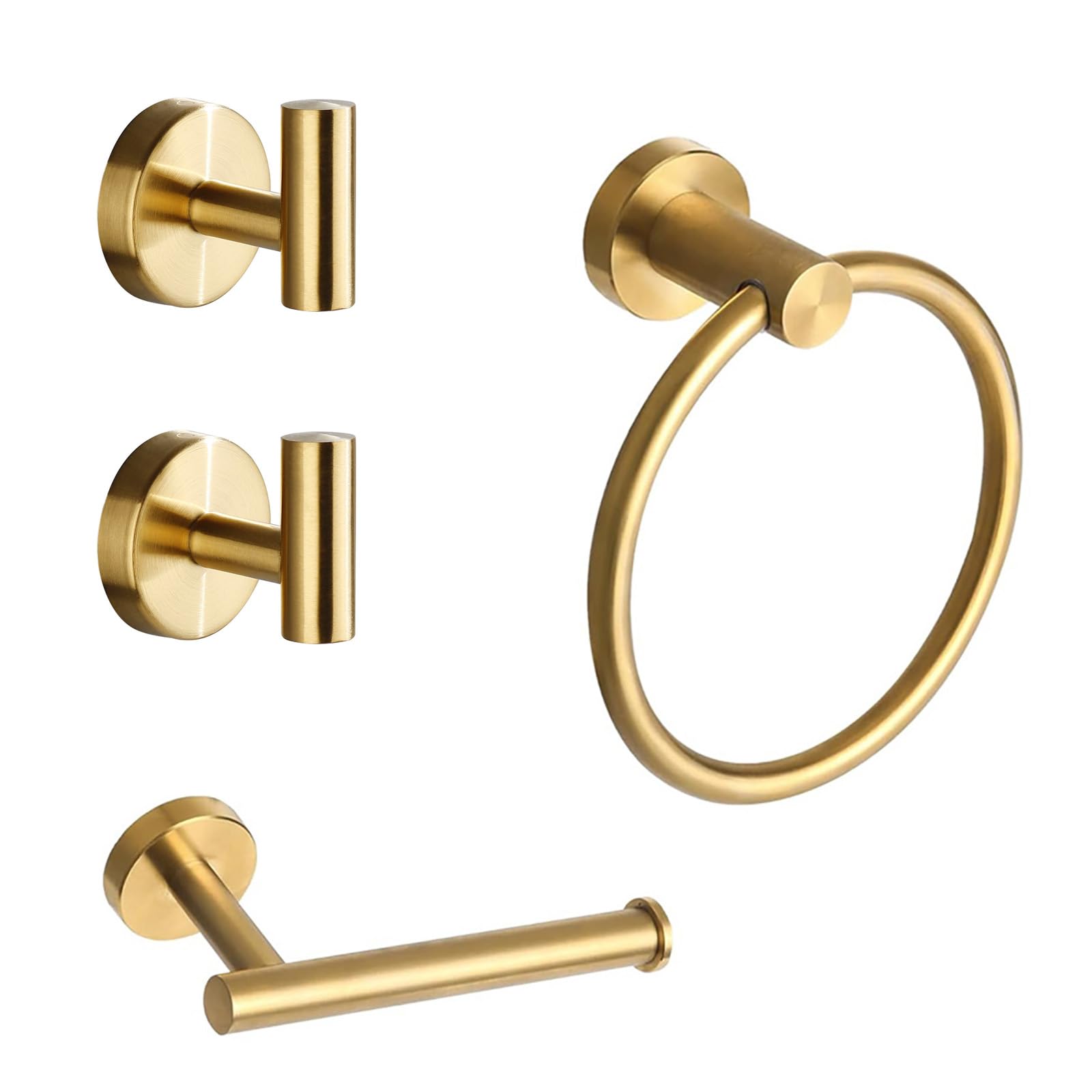 Betadistor Bathroom Hardware Accessories Set of 4 - SUS 304 Stainless Steel Brushed Wall Mounted Rack, 1x Towel Ring Bar + 1x Toilet Paper Roll Holder + 2 x Robe Hook, Gold, 012-0407
