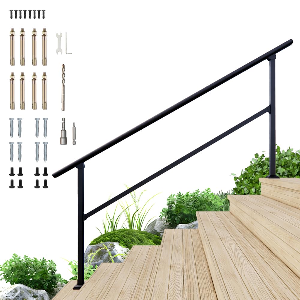 Photo 1 of **MINOR USE WEAR**DIYHD 7 Step Handrail for Outdoor,Powder Coated Iron Stair Railing,Black Hand Rails for Indoor, Porch,Deck,1 Pack