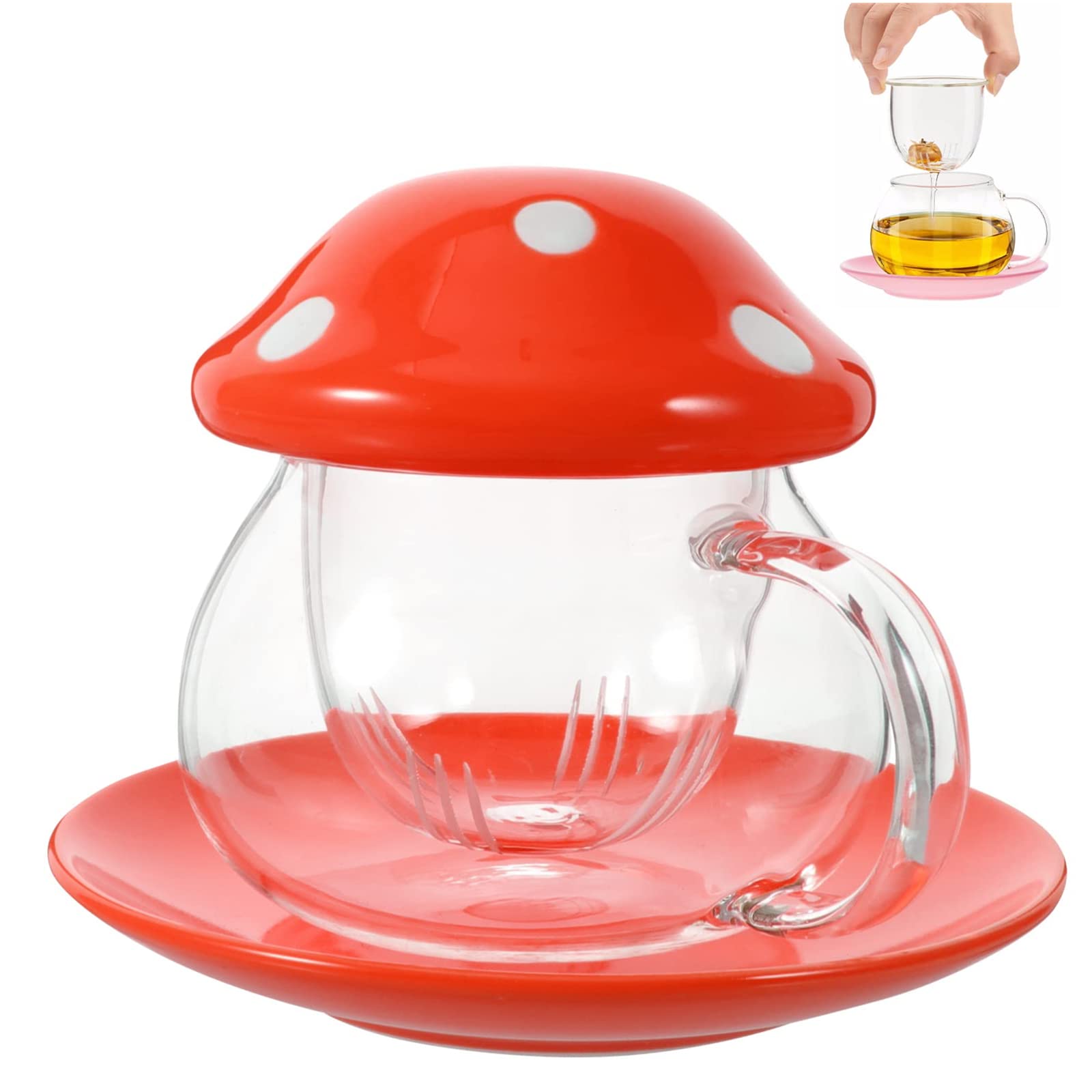 TUHNHGD Mushroom Mug with Infuser, Glass Coffee Cup, Tea Strainer, 290ml (Orange) with Coaster and Lid
