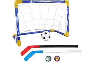 Mini Hockey Sets, 2 In1 Mini Hockey Soccer Set with Goal Net, Stick, Football, and Ball Pump Soccer Goal Set for Kids