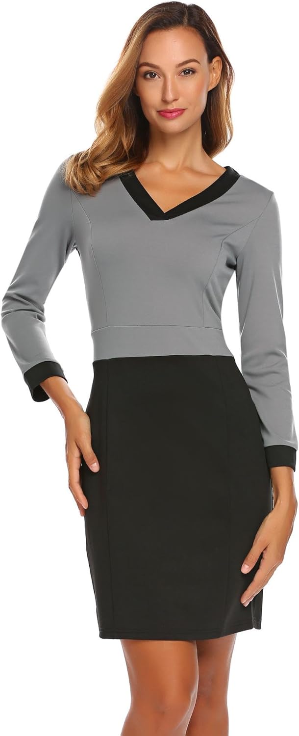 Modfine Damen Etuikleid Langarm mit V-Ausschnitt Kontrast Kleid Figurbetontes Kleid Stretch Business Kleid Abendkleid Slim Fit Kurz