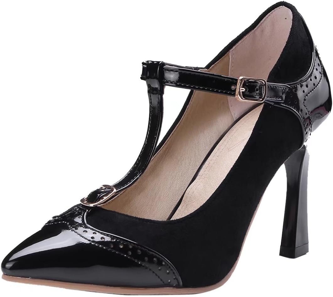 AIYOUMEI Womens Patent Mary Jane T Bar Court Shoes Stiletto High Heels Pointed Toe T Strap Pumps