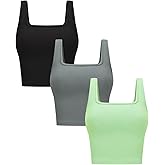 OLCHEE Womens 3 Pack Crop Tank Tops Basic Seamless Ribbed Sleeveless Square Neck Workout Top Summer Exercise Yoga Gym Shirts