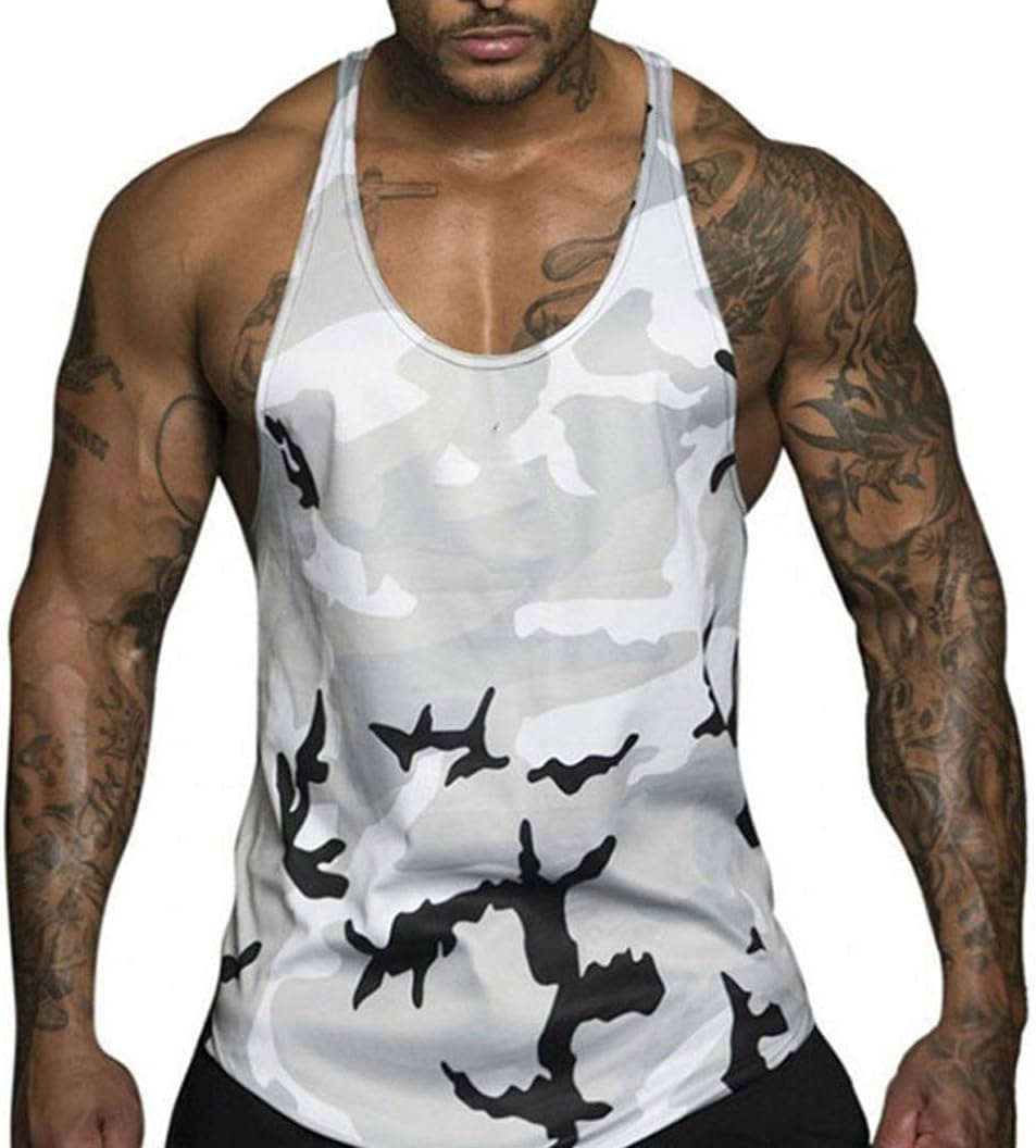Men's Gym Muscle Vest Floral Camouflage Low-Cut Bodybuilding Vest Sports Sleeveless T- Shirt Running Slim Clothes Top M-3XL