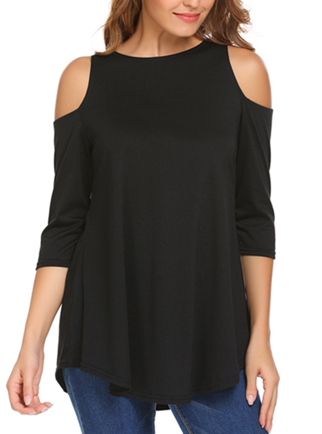 Aceshin Womens Sexy Jersey 3/4 Sleeve Cold Shoulder Blouse Top Black