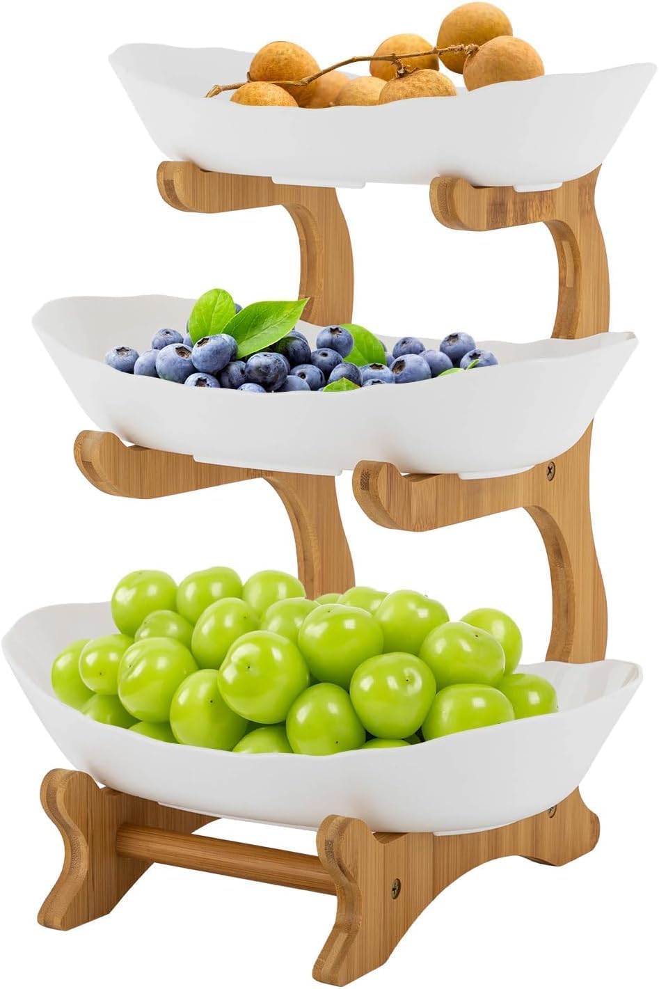 Fruit Basket Stand 3-Tier Break-resistant Plastic Fruit Bowl Holder - Shatterproof Plastic Fruit Plate 3 Tiers Fruit Bowl with Bamboo Stand, Serving Plate for Kitchen Vegetable Snacks Candy Storage
