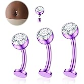 QUZIONE Titanium Floating Belly Ring Set 14G – 8mm/10mm/12mm Curved Barbells with 5mm CZ Crystal – 3Pcs set, 5 Colors (Silver, Gold, Black, Purple, Lake Blue) – Hypoallergenic Implant Grade Piercing Jewelry