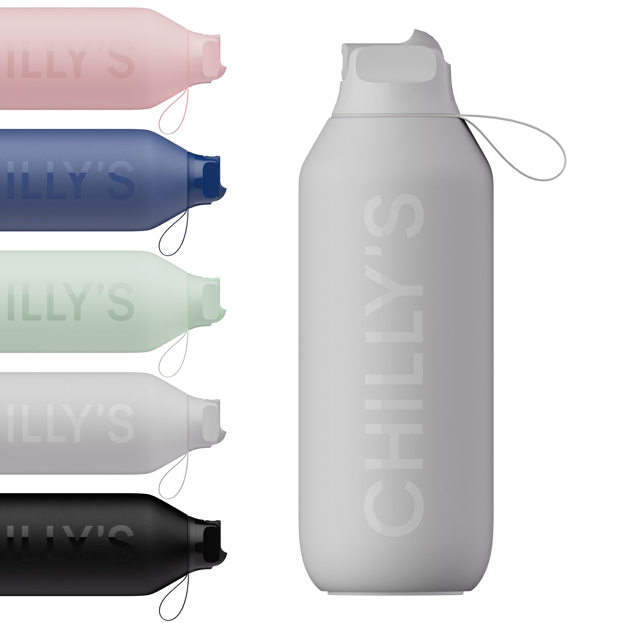 Chilly's Series 2 Flip Water Bottle with Sports Lid - Vacuum Insulated Stainless Steel Water Bottle with Straw, Carry Loop, & Cleaning Brush - No Sweat - 500ml - Granite Grey — image 1