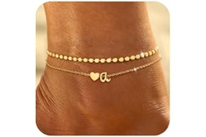 Honsny Initial Ankle Bracelets for Women Waterproof 14K Gold Plated Layered Anklets for Women Non Tarnish Dainty Heart Letter A-Z Ankle Bracelets Handmade Adjustable Summer Beach Gold Anklet Jewelry