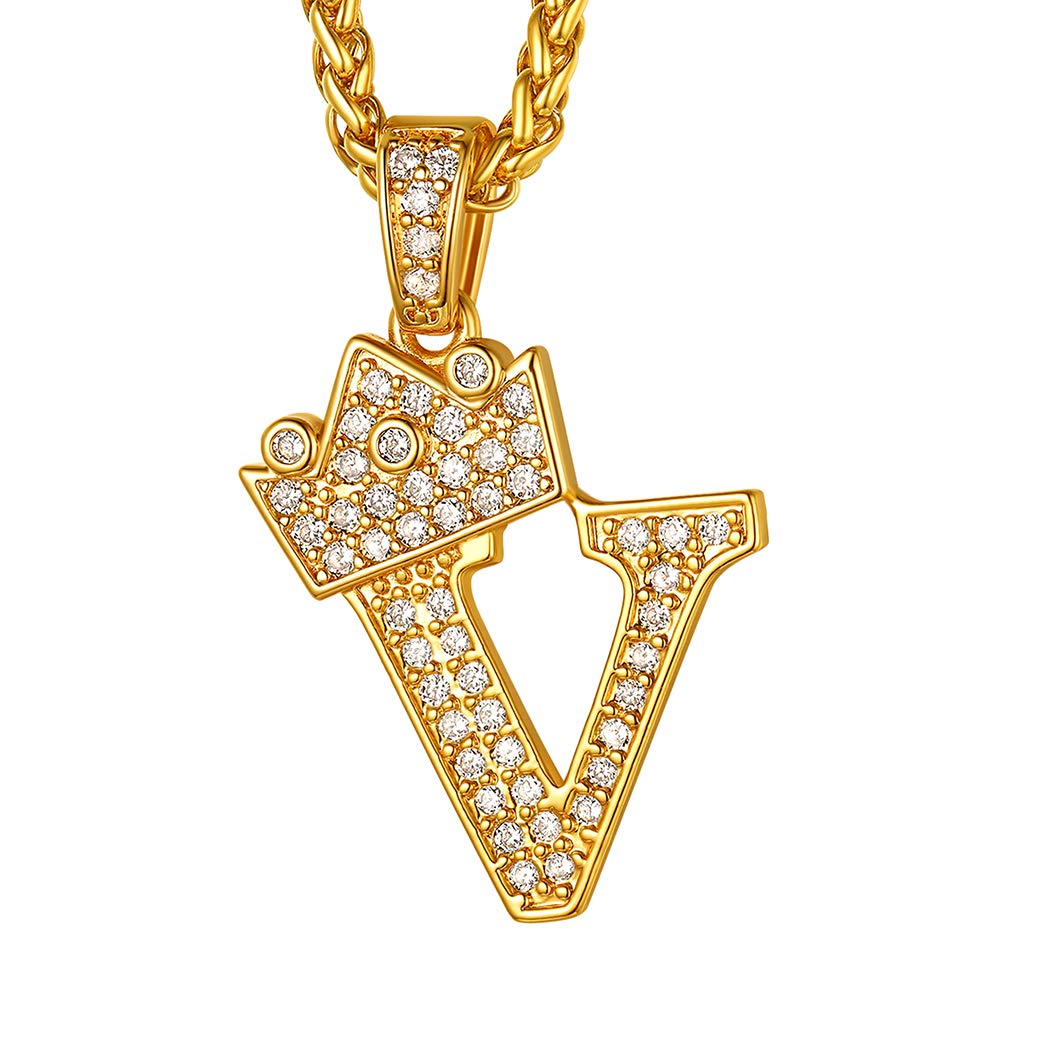Suplight Tennis Letter Necklace Pendant V, Hip Hop Pendants Rapper Chain, Bling Alphabet Name Jewelry Cubic Zirconoia CZ Pave Initial Necklaces Gold with Crown — image 1